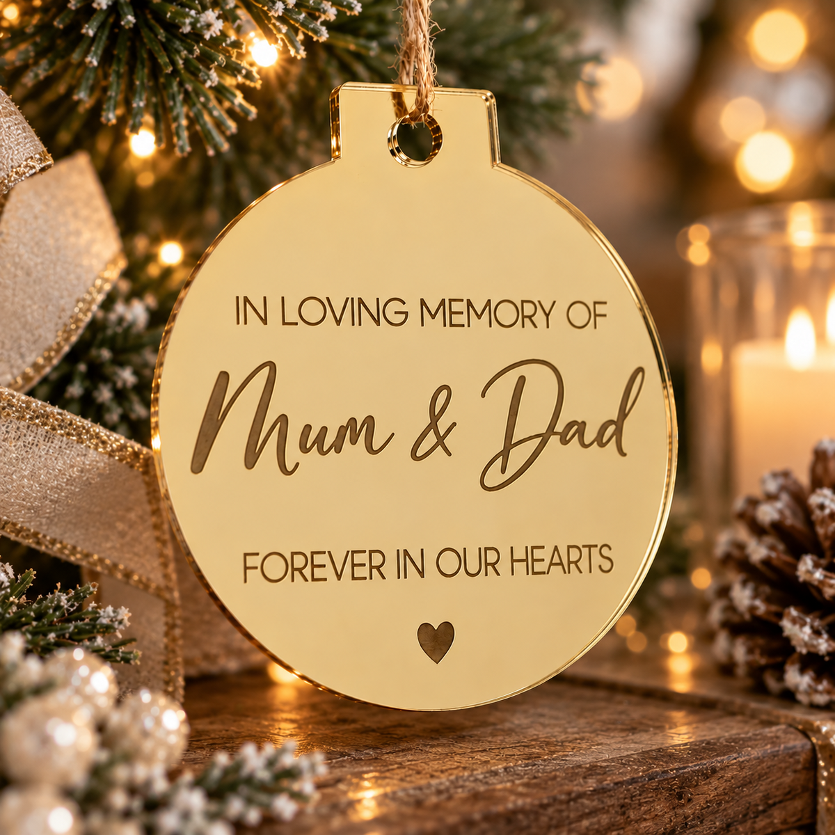 Personalised In Loving Memory Christmas Bauble in mirror gold acrylic - Mum and Dad