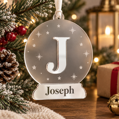Personalised frosted and mirror silver acrylic Christmas bauble with J initial and Joseph name