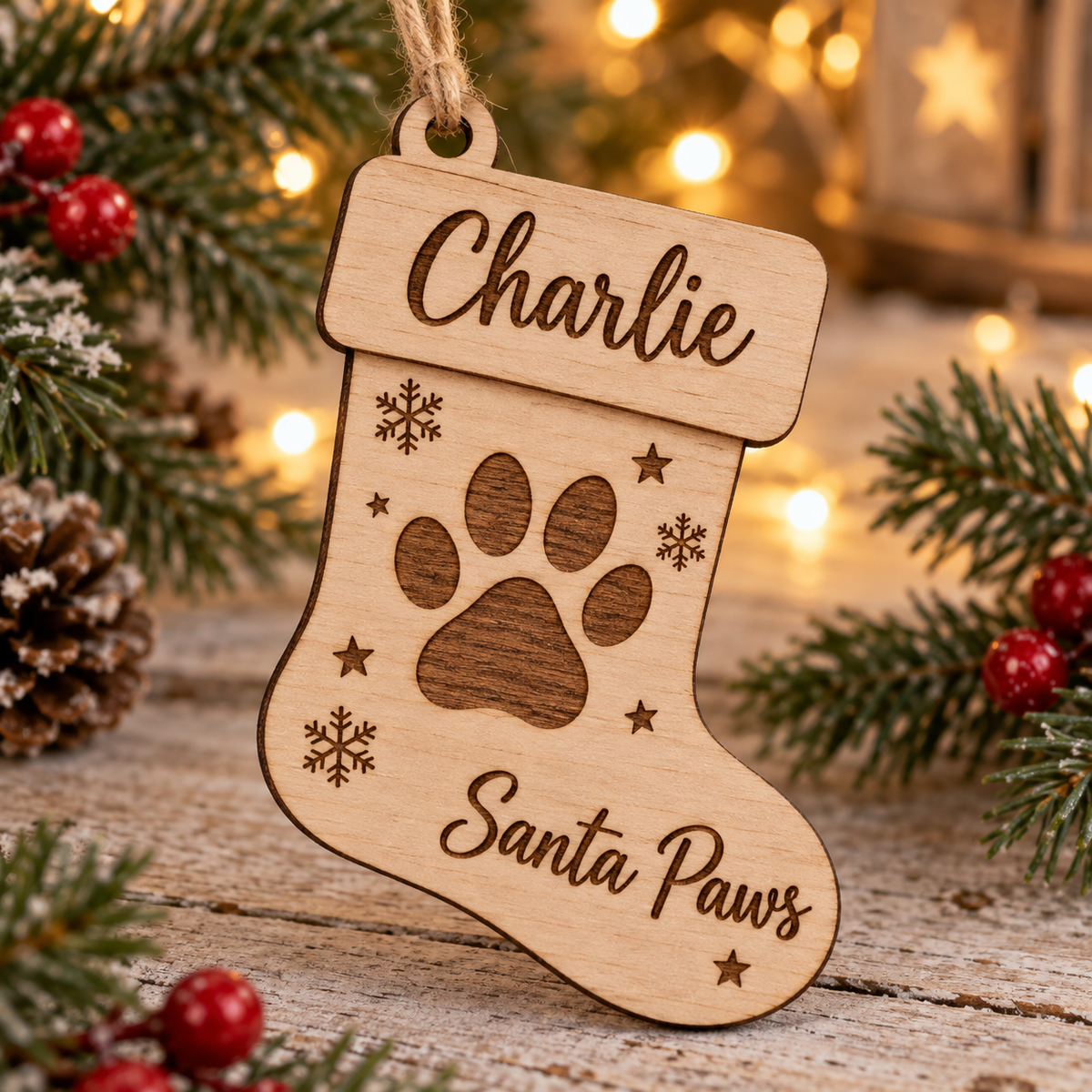 Personalised wooden Santa Paws Christmas stocking ornament for dogs and cats, Charlie name example. String shown for styling and not included.