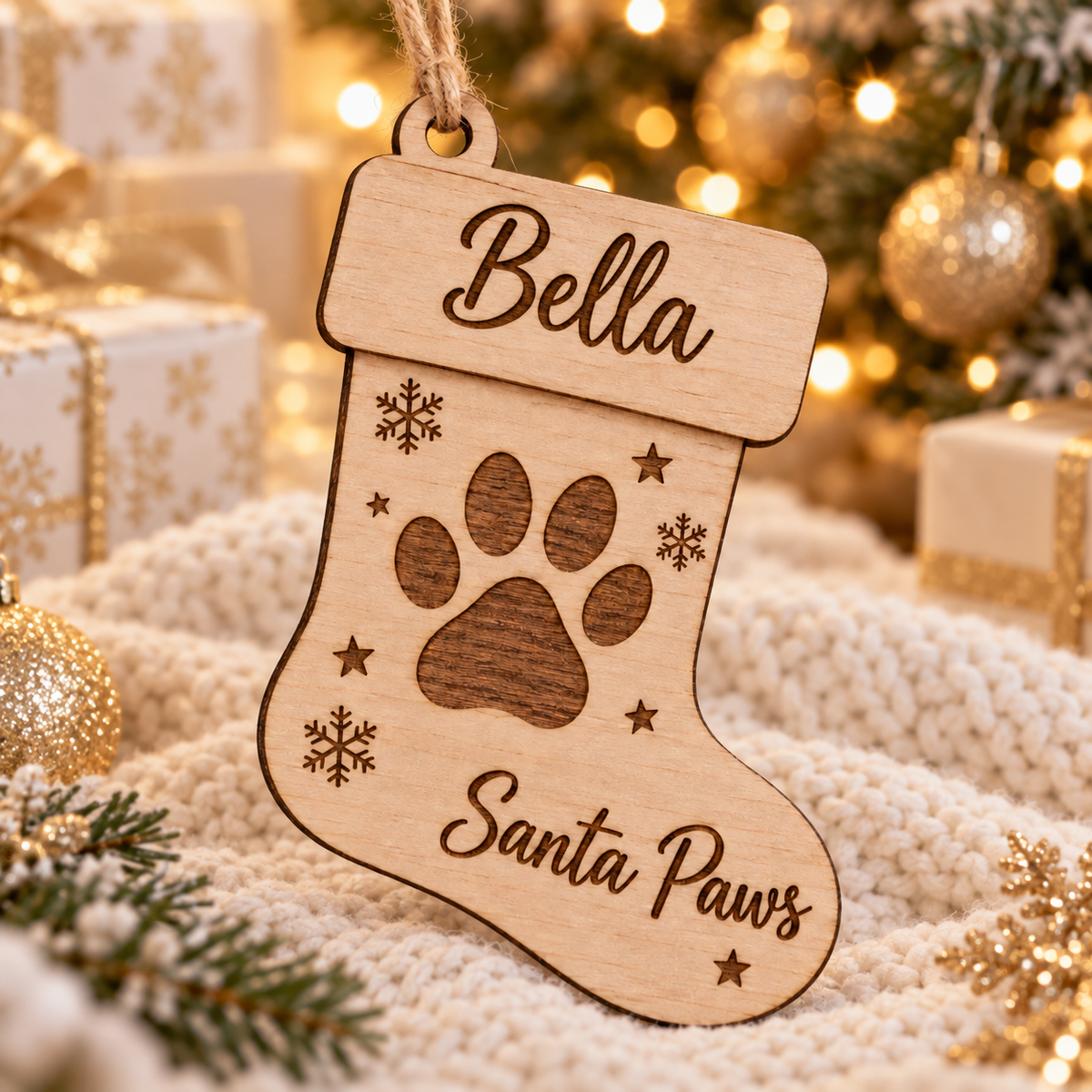 Personalised wooden Santa Paws Christmas stocking ornament for dogs and cats, Bella name example. String shown for styling and not included.