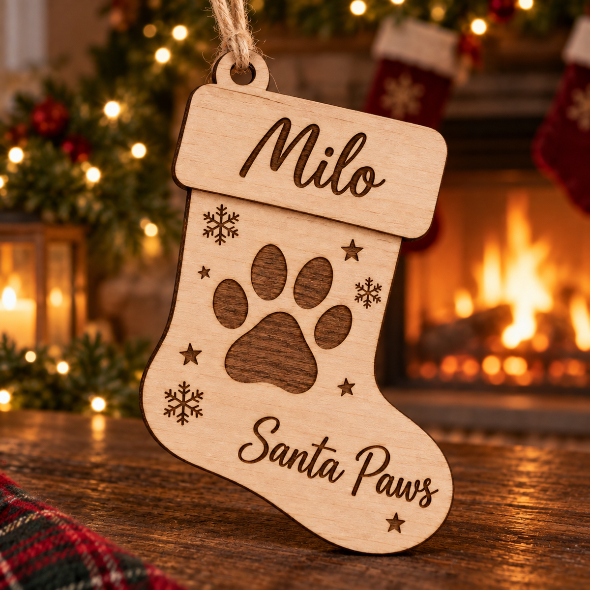 Personalised wooden Santa Paws Christmas stocking ornament for dogs and cats, Milo name example. String shown for styling and not included.
