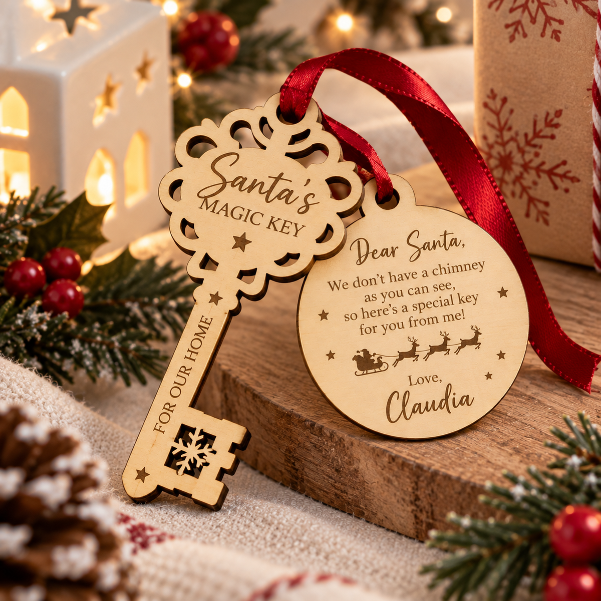 Timber Santa’s Magic Key and round tag personalised with Claudia below Love; ribbon not included.