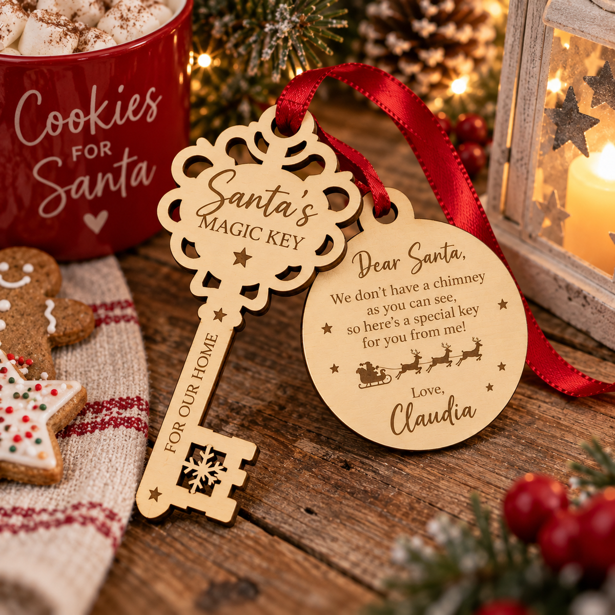 Personalised timber Santa’s Magic Key beside festive cookies and lantern; ribbon not included.