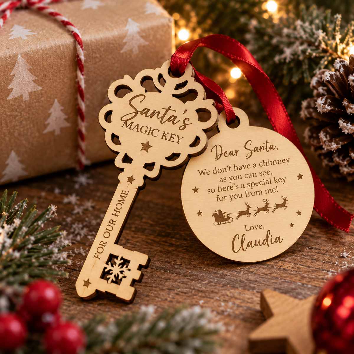 Timber Santa’s Magic Key with Christmas gifts and greenery; ribbon not included.