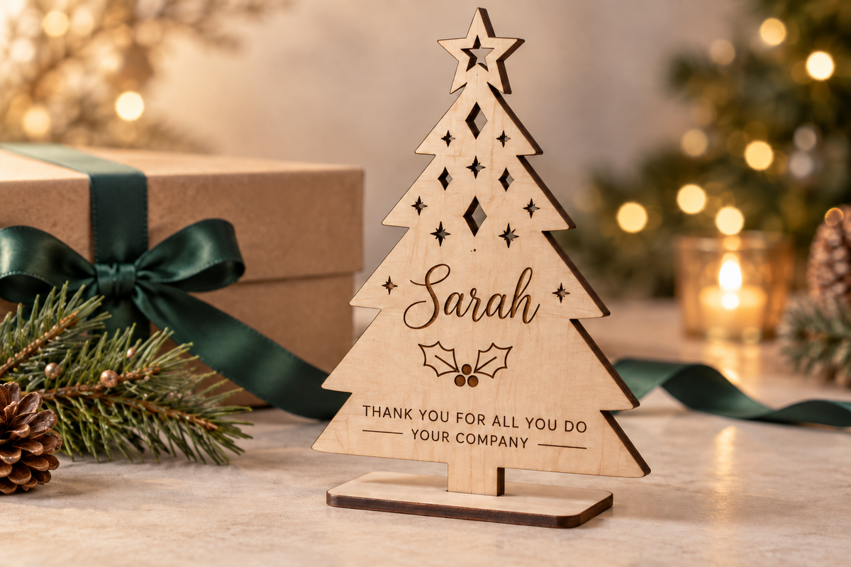 Personalised wooden Christmas tree corporate employee gift with engraved name, holly detail and company name