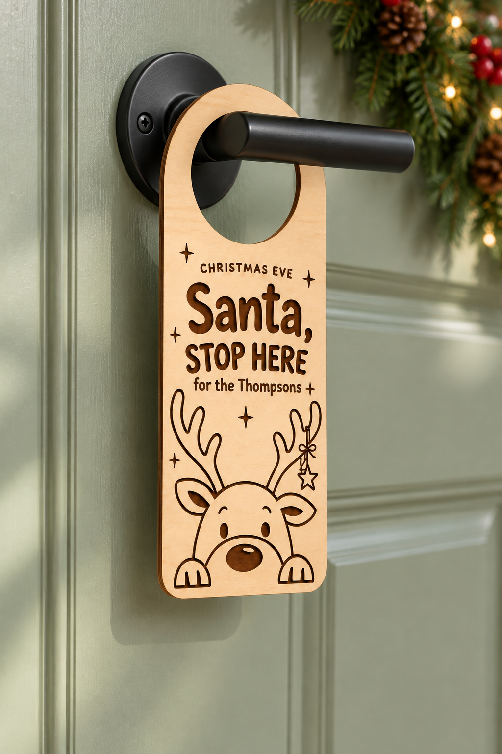 Personalised wooden Santa Stop Here Christmas door hanger for the Thompsons, with engraved reindeer and closed hanging hoop