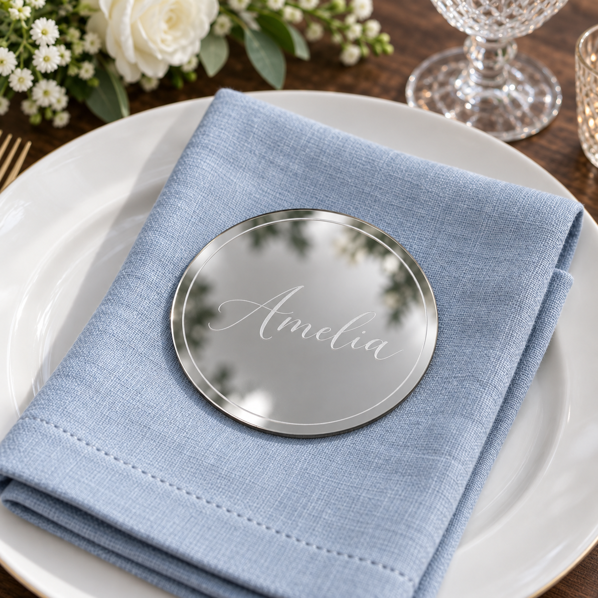 Amelia personalised round mirror silver acrylic place name with engraved border