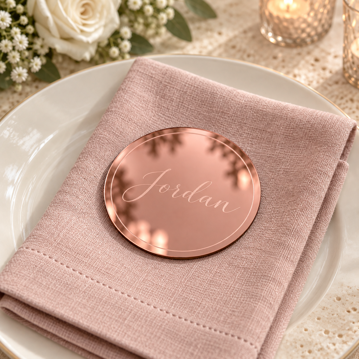 Jordan personalised round mirror rose gold acrylic place name with engraved border