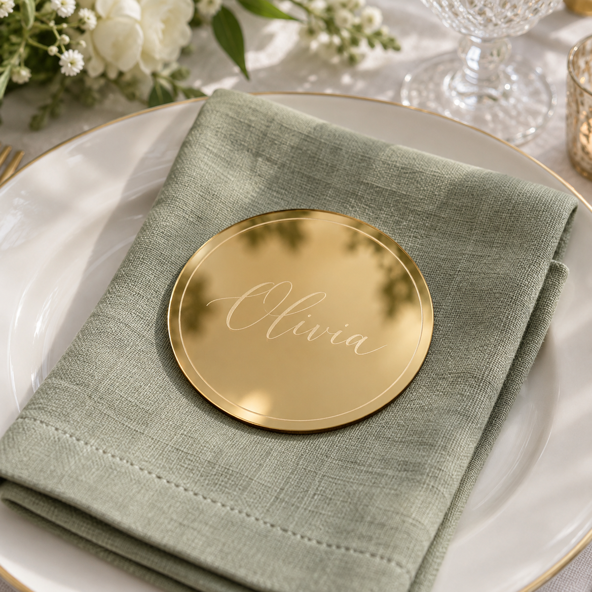 Olivia personalised round mirror gold acrylic place name with engraved border
