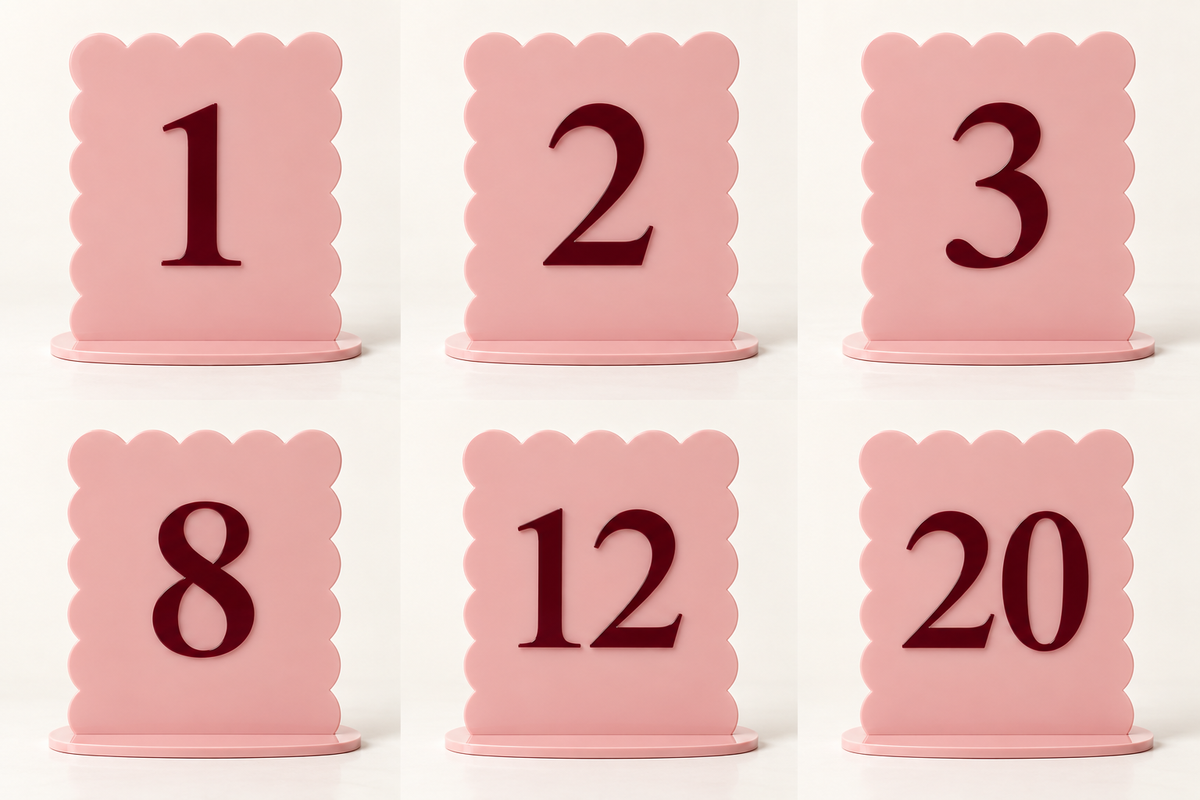 Scalloped acrylic table numbers 1, 2, 3, 8, 12 and 20 in blush pink and burgundy