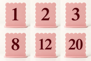 Scalloped acrylic table numbers 1, 2, 3, 8, 12 and 20 in blush pink and burgundy