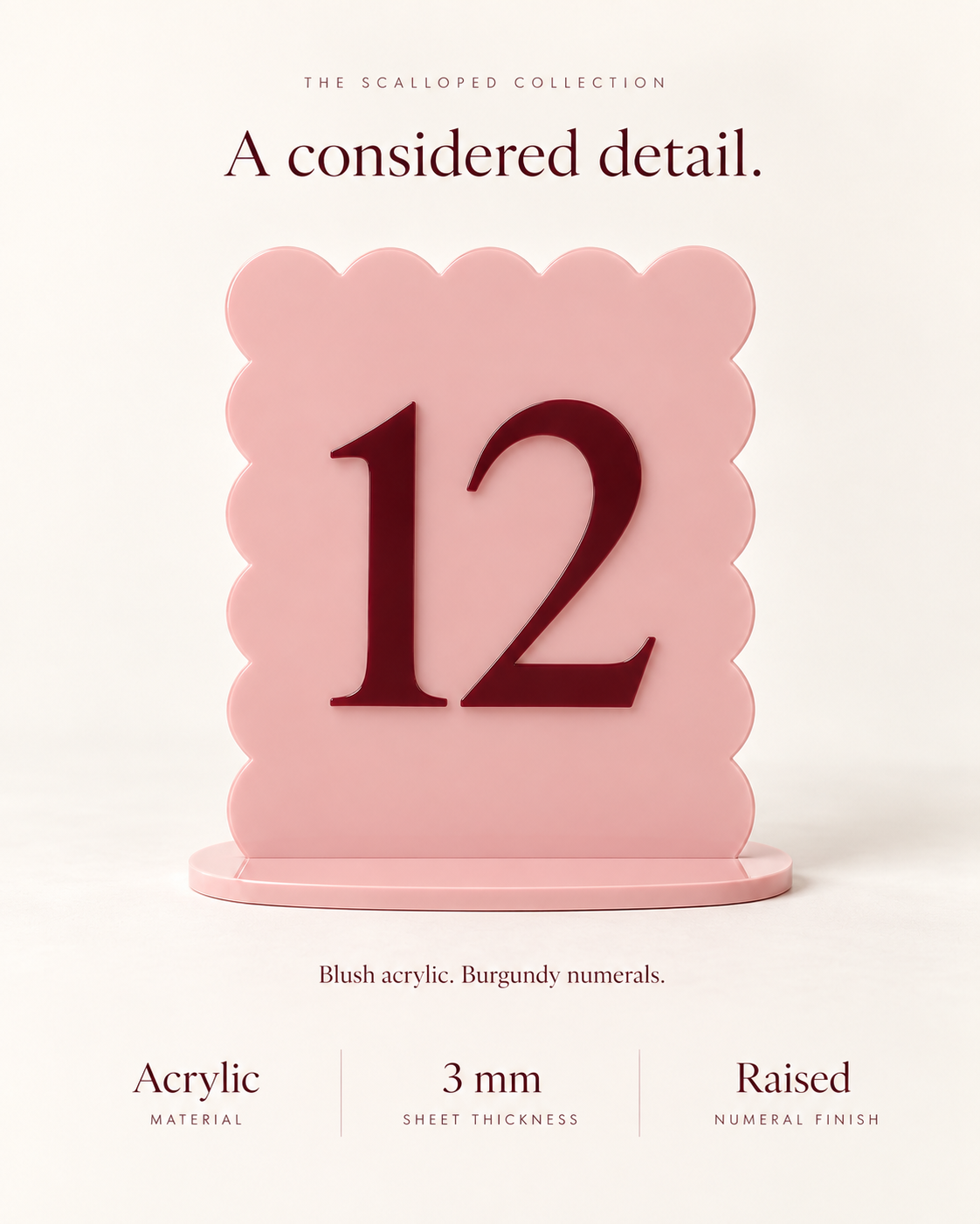 Scalloped table number details: acrylic, 3 mm sheets and raised numerals