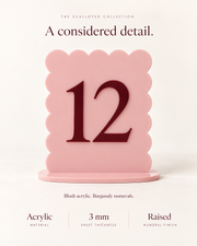 Scalloped table number details: acrylic, 3 mm sheets and raised numerals