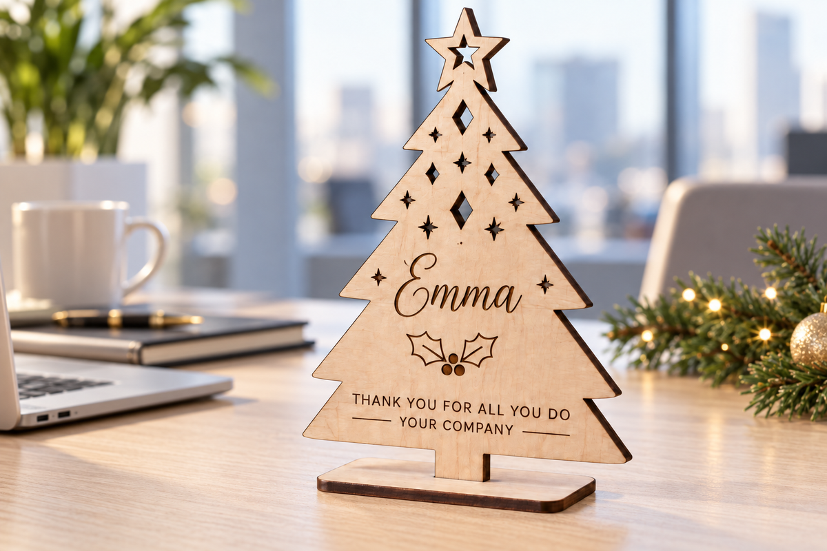 Wooden corporate Christmas desk tree personalised for Emma in an office setting